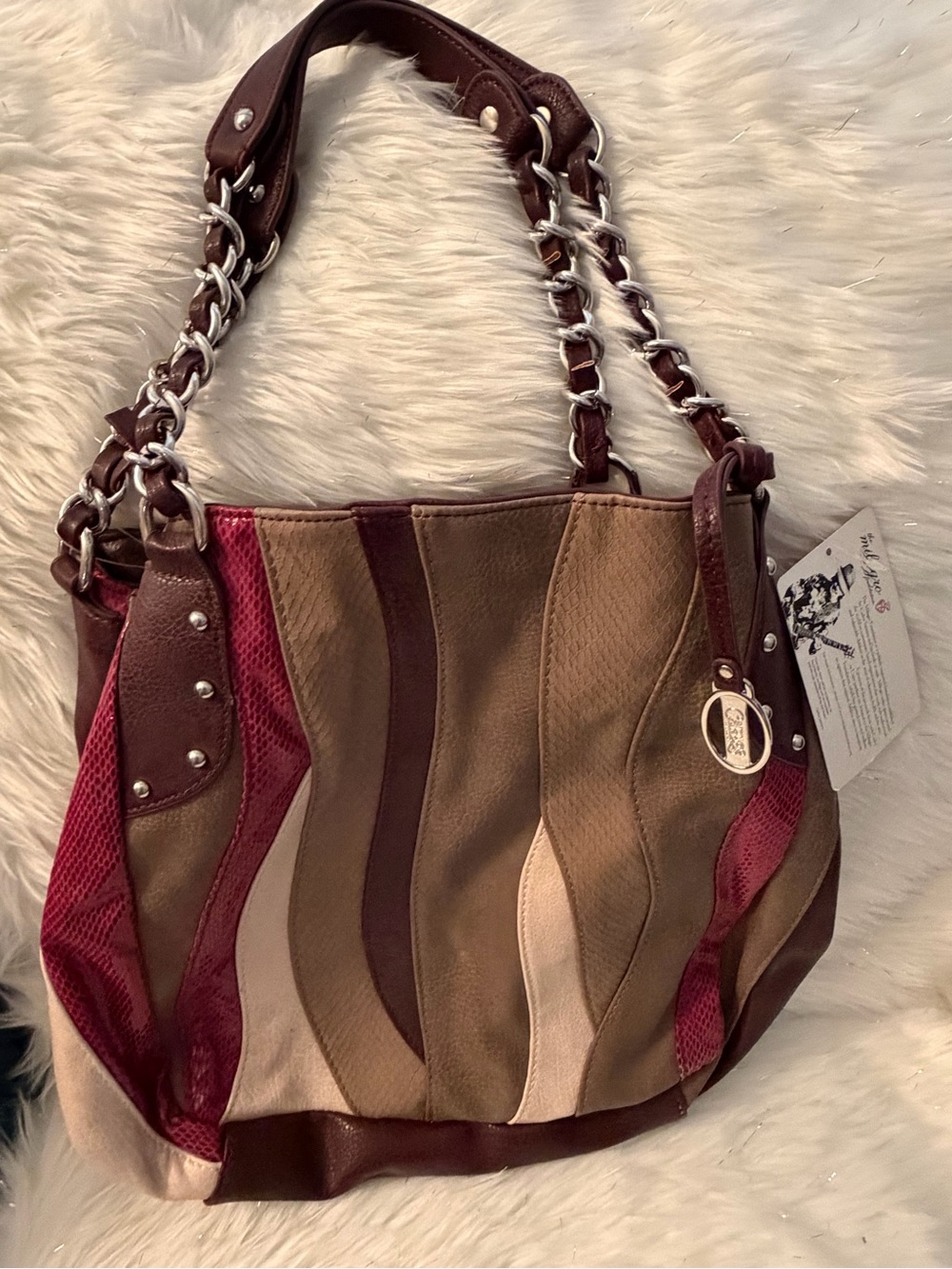 Carlos Santana Stylish Multi-Panel Tote Bag in Burgundy, Tan and Cream